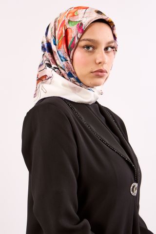 10753 İpek Eşarp Sura Kumaş Yaprak Desen - Lacivert