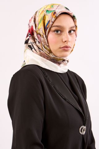10753 İpek Eşarp Sura Kumaş Yaprak Desen - Siyah Krem