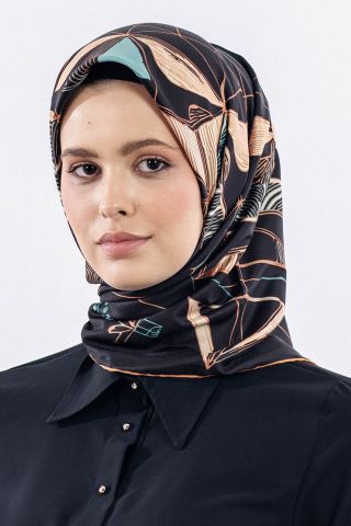 12507 Polyester Eşarp Twill Dokuma 90*90 - Siyah Turuncu