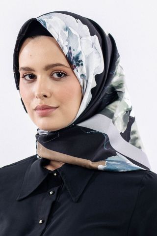 12511 İpek Eşarp Twill Dokuma 90*90 - Siyah Gri