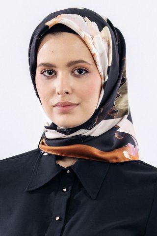 12511 İpek Eşarp Twill Dokuma 90*90 - Siyah Krem