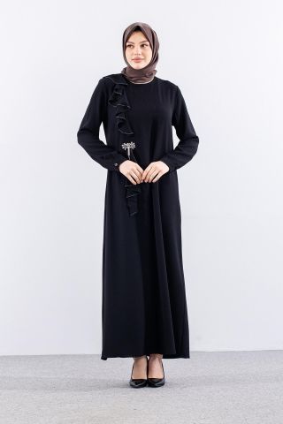2559 Elbise 42-50 Volan Detay - Siyah