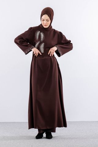 2561 Elbise 44-52 Kol Ve Yan Taş Detay - Kahve