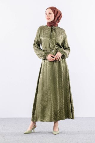 2575 Elbise 40-48 Saten Jakar - Haki