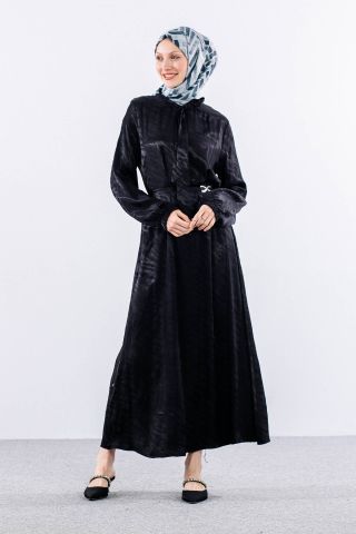 2575 Elbise 40-48 Saten Jakar - Siyah