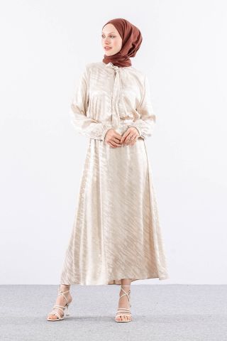 2575 Elbise 40-48 Saten Jakar - Taş
