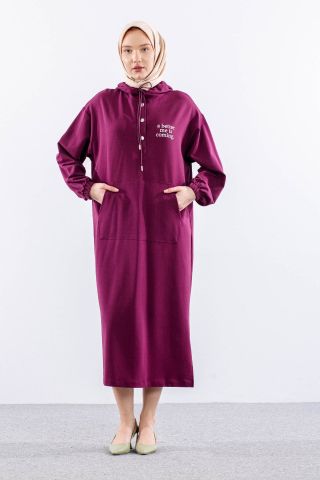 33744 Elbise Tek Kapüşon Detay - Bordo
