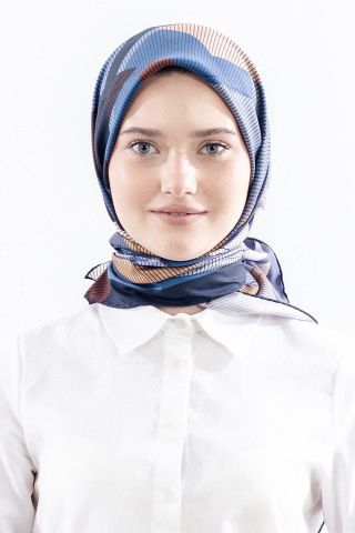 3838 İpek Eşarp Twill İpek Çizgi Desen - Lacivert