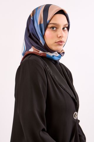 3838 İpek Eşarp Twill İpek Çizgi Desen - Lacivert