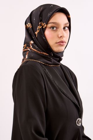 4638 İpek Eşarp Sura Kumaş Zincir Logo - Siyah Gold
