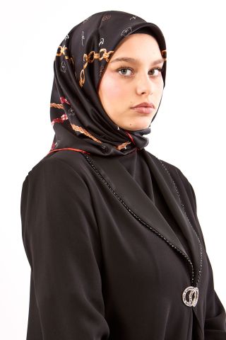 4638 İpek Eşarp Sura Kumaş Zincir Logo - Siyah Kırmızı
