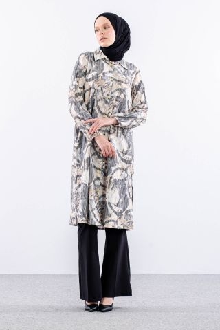 5007 Tunik 42-50 Desenli Ara Boy - Siyah