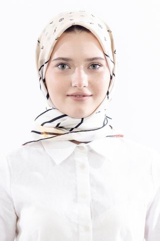 6795 İpek Eşarp Twill Kumaş Logo Çiçek Desen - Bej