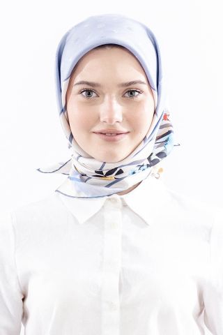 6795 İpek Eşarp Twill Kumaş Logo Çiçek Desen - Mavi