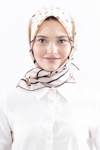 6795 İpek Eşarp Twill Kumaş Logo Çiçek Desen - Siyah Krem