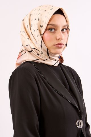 6795 İpek Eşarp Twill Kumaş Logo Çiçek Desen - Siyah Krem