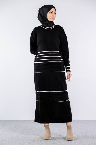 7070 Triko Elbise Tek - Siyah Beyaz
