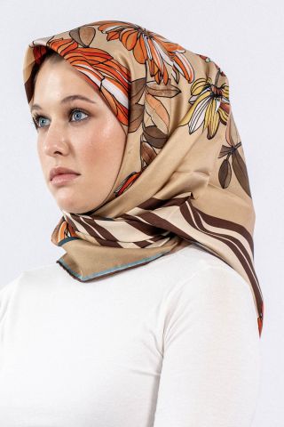 7545 Twill İpek Eşarp - Bej-Lacivert