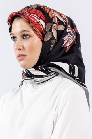 7545 Twill İpek Eşarp - Gri Kırmızı