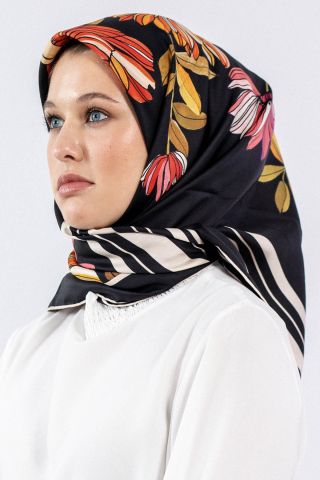 7545 Twill İpek Eşarp - Siyah Kırmızı