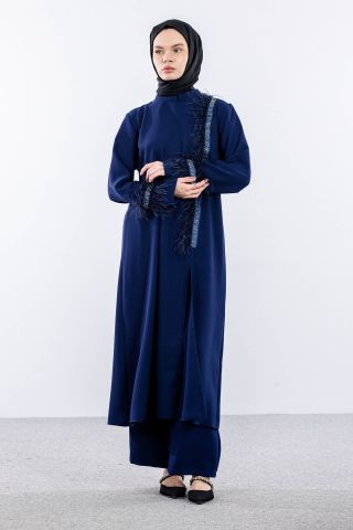 7561 Takım 44-52 Tüylü Şık Taşlı - Saks