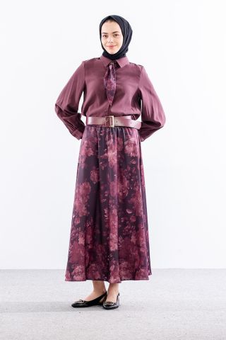 7730 E. Takım 38-44 Eteği Desenli Saten - Bordo