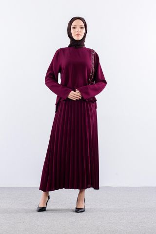 7747 E. Takım 44-52 Bluz Taş Detay - Bordo