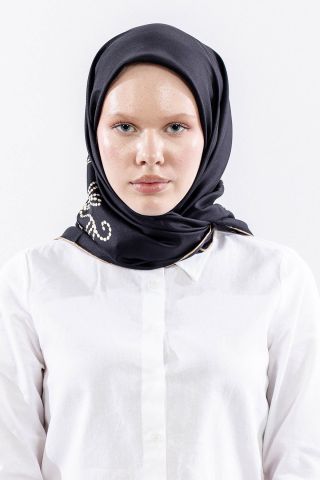 Dg11109 İpek Eşarp 90*90 Twill İnci - Siyah Bej