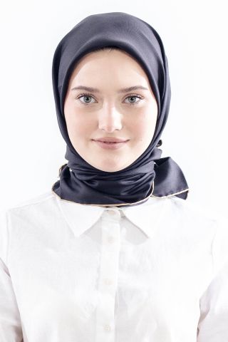 Dg111109 İpek Eşarp Twill Kumaş Kenarı Gül Desen - Siyah Bej