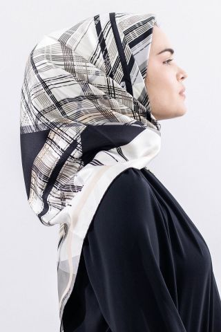 Dg11114 İpek Eşarp Twill 90*90 Çizgi - Siyah Gri