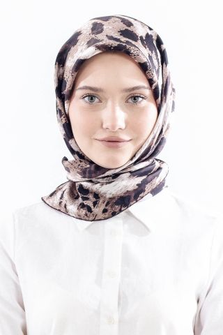 Dg11465 İpek Eşarp Twill Kumaş Leopar Desen - Kahve