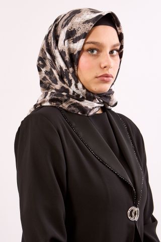 Dg11465 İpek Eşarp Twill Kumaş Leopar Desen - Siyah Gri