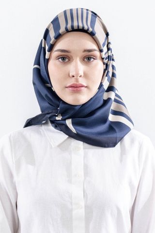 Dg13139 İpek Eşarp Çizgi Desen Twill Kumaş - Lacivert Taş