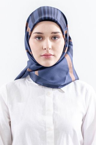 Dg13139 İpek Eşarp Çizgi Desen Twill Kumaş - Lacivert Vizon