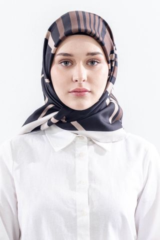 Dg13139 İpek Eşarp Çizgi Desen Twill Kumaş - Siyah Bej