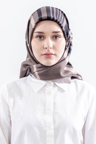 Dg13139 İpek Eşarp Çizgi Desen Twill Kumaş - Vizon