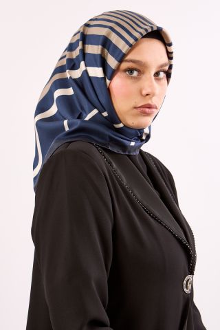 Dg13139 İpek Eşarp Twill Kumaş Çizgi Desen - Lacivert Taş