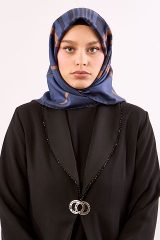 Dg13139 İpek Eşarp Twill Kumaş Çizgi Desen - Lacivert Vizon