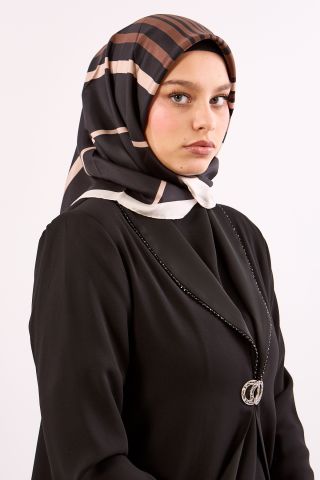 Dg13139 İpek Eşarp Twill Kumaş Çizgi Desen - Siyah Bej