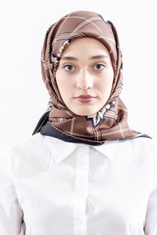 Dg14815 İpek Eşarp Kare Yaprak Twill Kumaş - Kahve