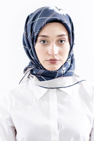 Dg14815 İpek Eşarp Kare Yaprak Twill Kumaş - Lacivert Taş