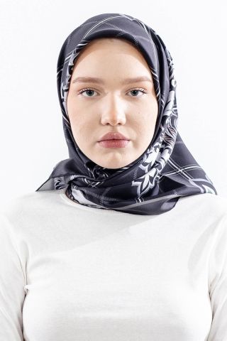 Dg14815 İpek Eşarp Kare Yaprak Twill Kumaş - Siyah