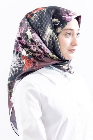 Dg14823 Eşarp Polyester Kumaş Çiçek Kare - Kahve