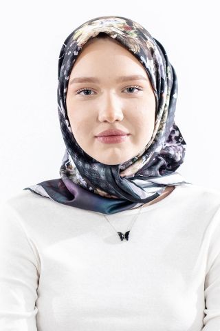 Dg14823 Eşarp Polyester Kumaş Çiçek Kare - Petrol