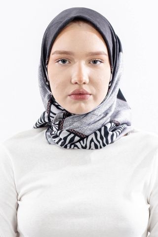 Dg14824 Eşarp Polyester Kumaş Zincir Desen - Siyah Gri