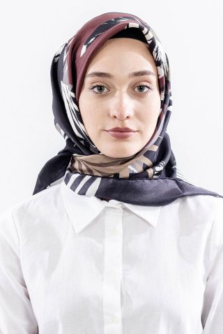 Dg14825 İpek Eşarp Palmiye Desen Twill Kumaş - Siyah