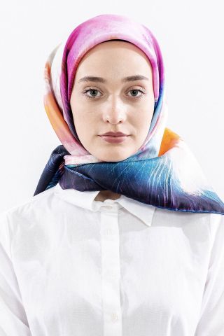 Dg14826 İpek Eşarp Flu Gül Twill Kumaş - Lacivert Fuşya