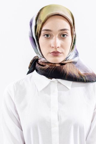 Dg14826 İpek Eşarp Flu Gül Twill Kumaş - Yeşil