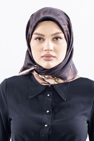 Dg14827 İpek Eşarp Twill Kumaş Zincir Zebra Desen - Kahve