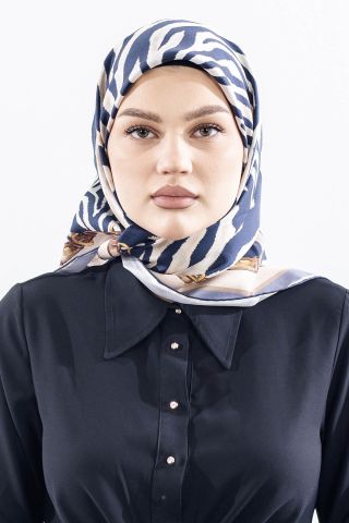 Dg14827 İpek Eşarp Twill Kumaş Zincir Zebra Desen - Lacivert
